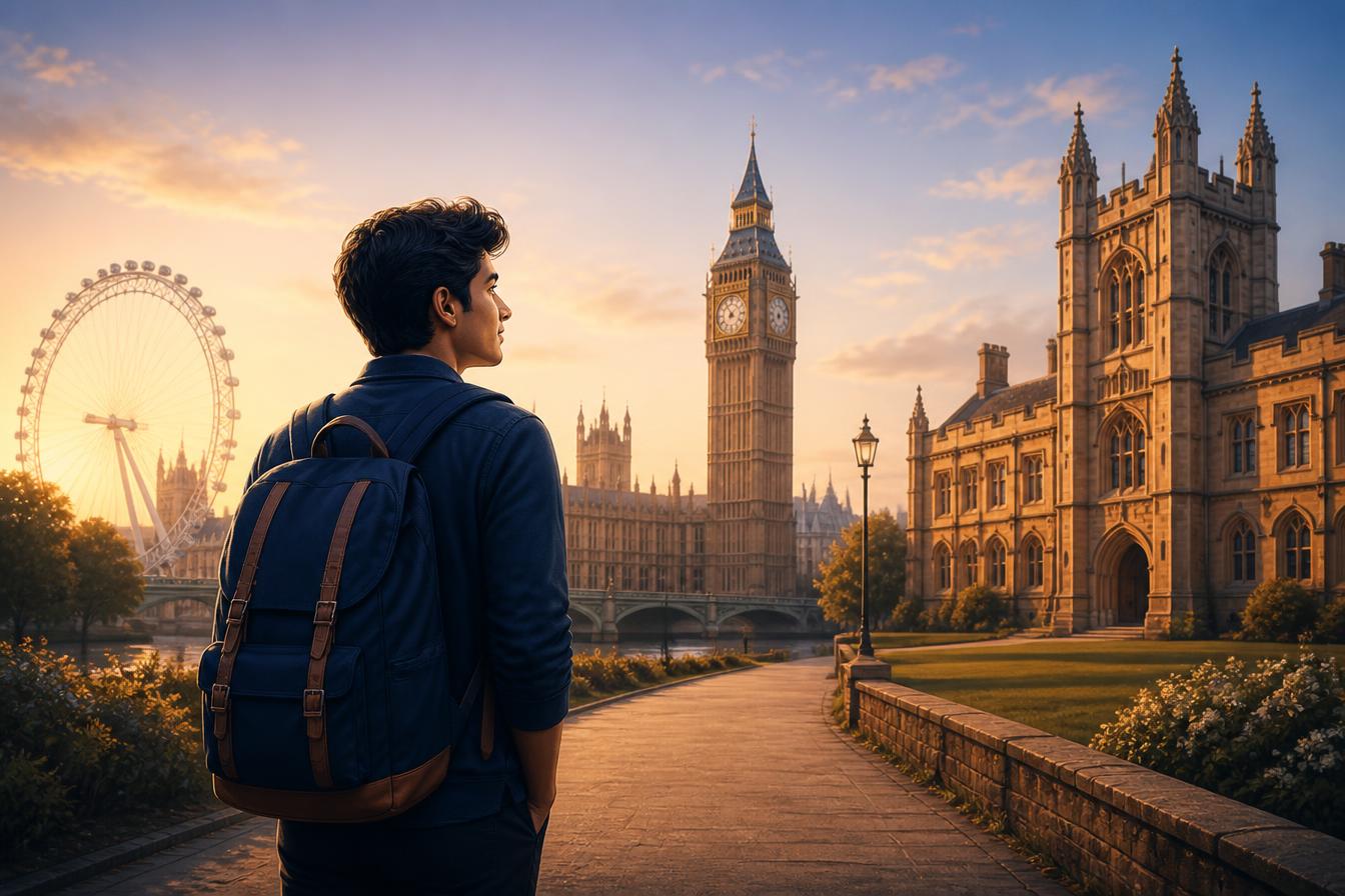 Indian student looking towards UK landmarks including Big Ben and the London Eye
